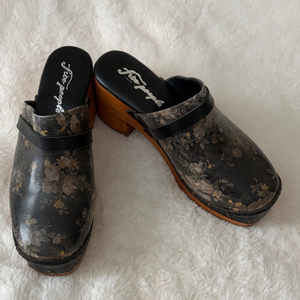 Free People Black and Brown Floral Clogs